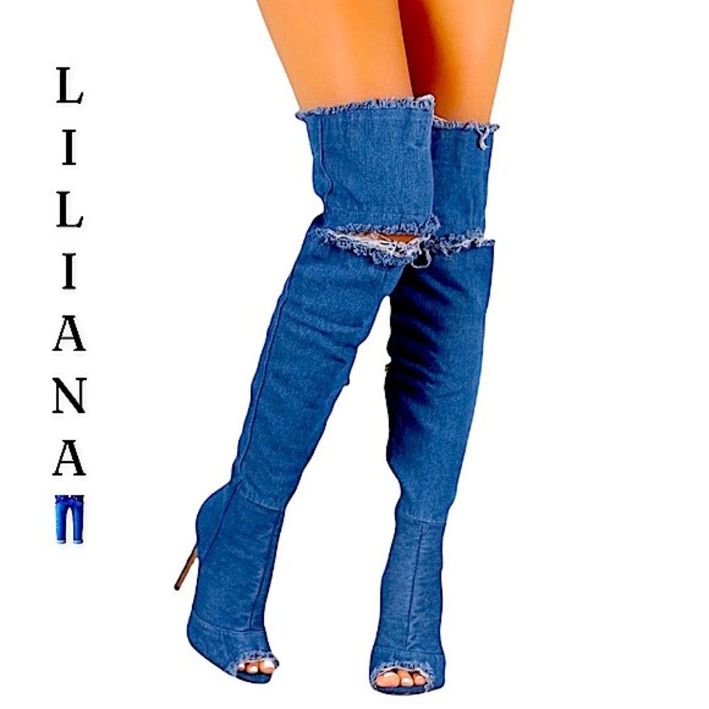 NWOT~ LILIANA DISTRESSED DENIM STILETTO OVER-THE-KNEE BOOTS